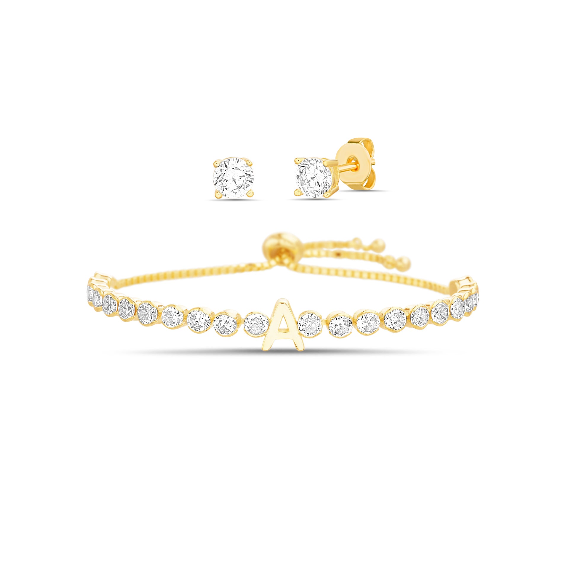 Gold Initial Sparkle Tennis Bracelet and Stud Set